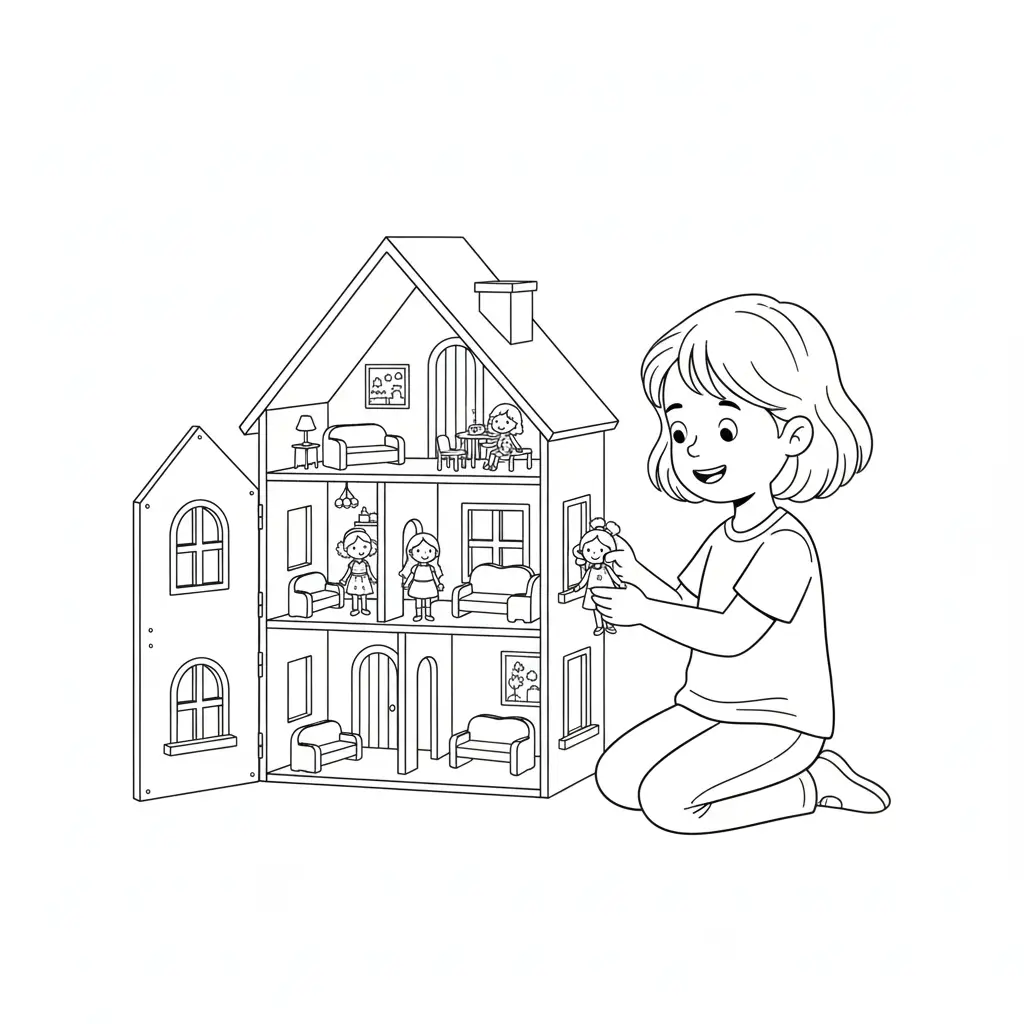 דף צביעה של משחק בבית בובות להדפסה
