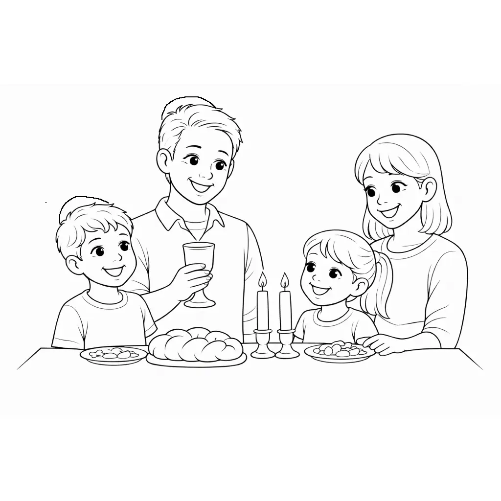 דף צביעה של משפחה בקידוש להדפסה