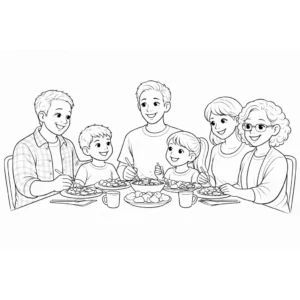 דף צביעה של משפחה גדולה אוכלת יחד להדפסה