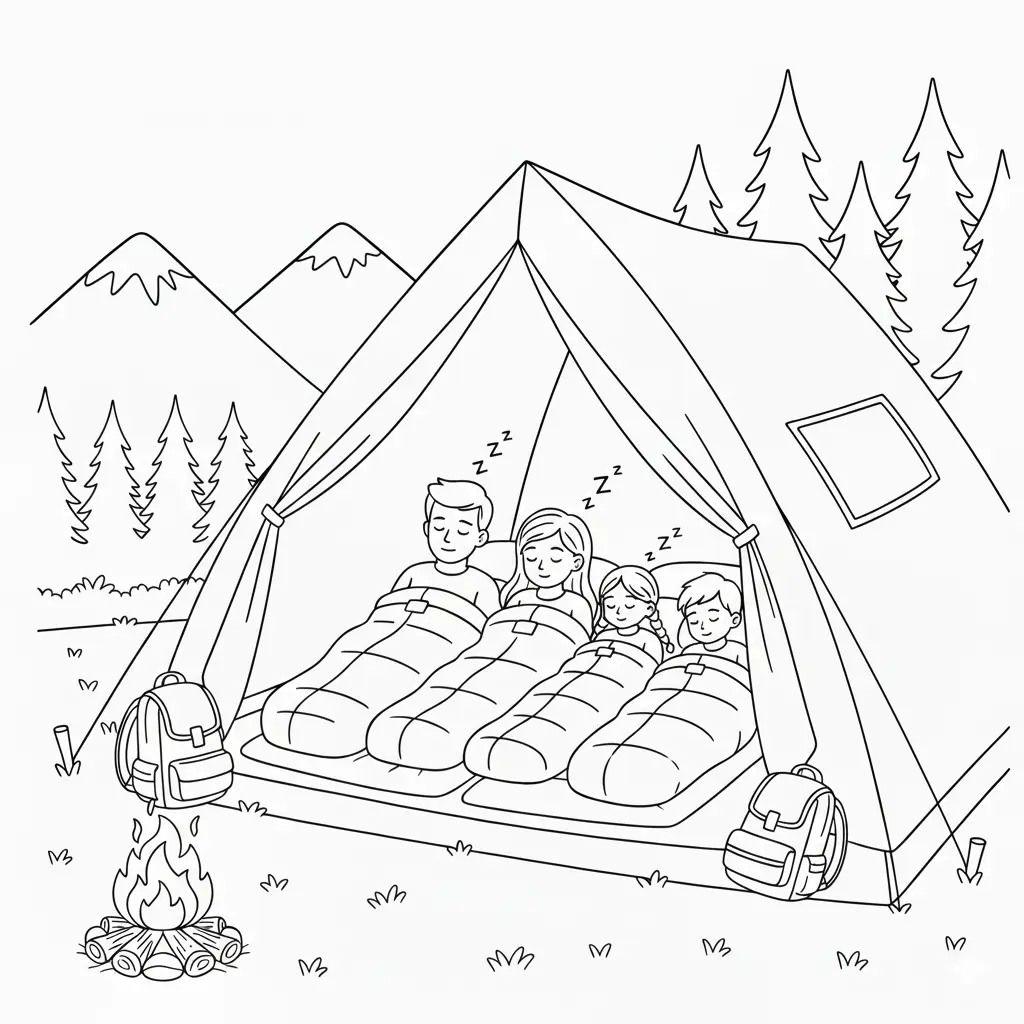 דף צביעה של משפחה ישנה באוהל להדפסה