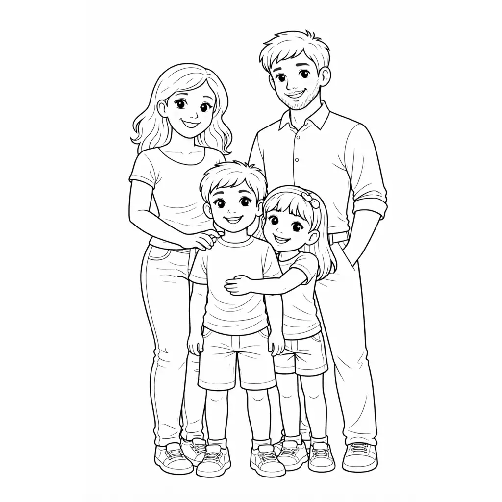דף צביעה של משפחה של הורים ואחים להדפסה