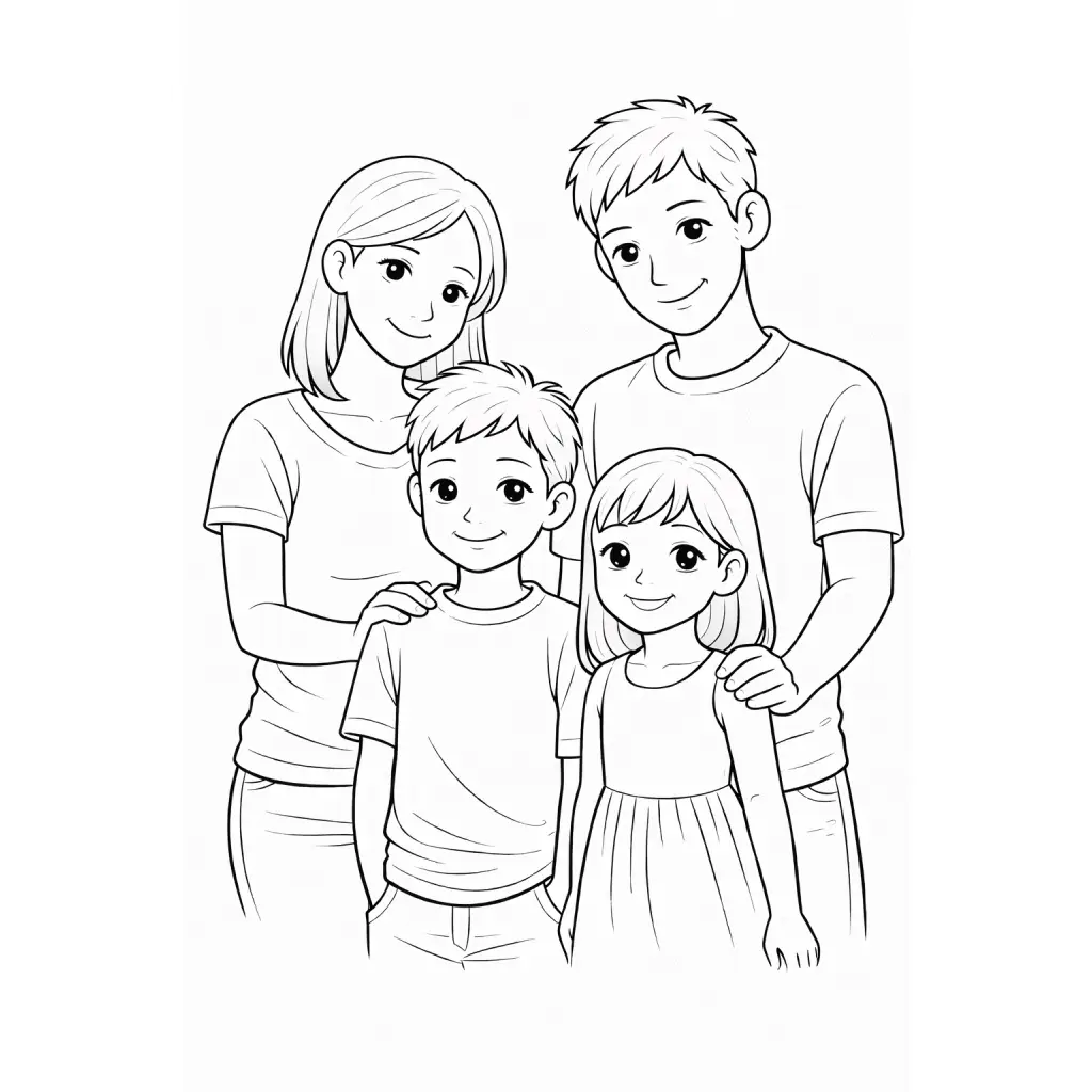 דף צביעה של משפחה שמחה להדפסה