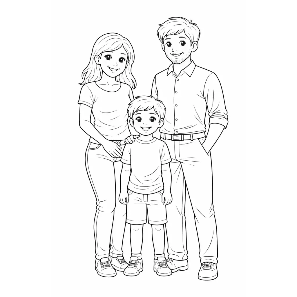 דף צביעה של משפחת הורים ובן להדפסה