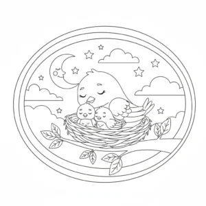 דף צביעה של משפחת ציפורים ישנים בקן להדפסה