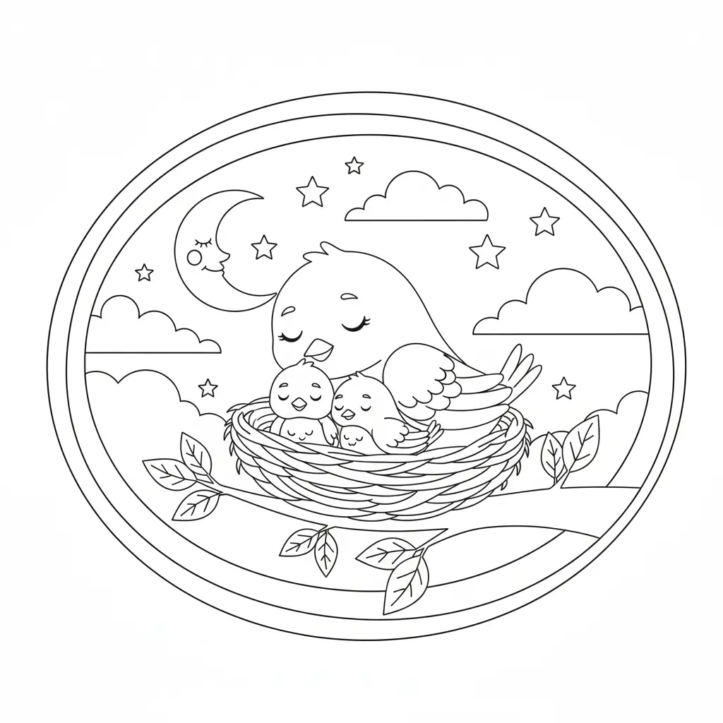 דף צביעה של משפחת ציפורים ישנים בקן להדפסה