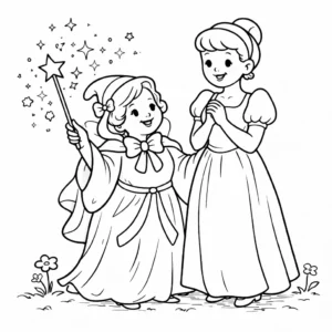 דף צביעה של סינדרלה והפיה הסנדקית להדפסה