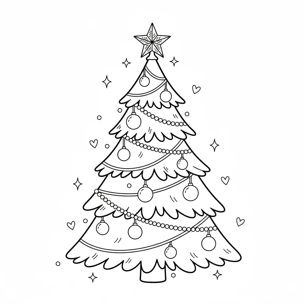 דף צביעה של עץ אשוח מקושט כריסמס להדפסה