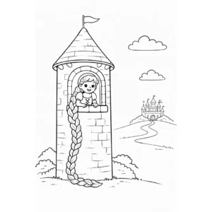 דף צביעה של רפונזל במגדל להדפסה