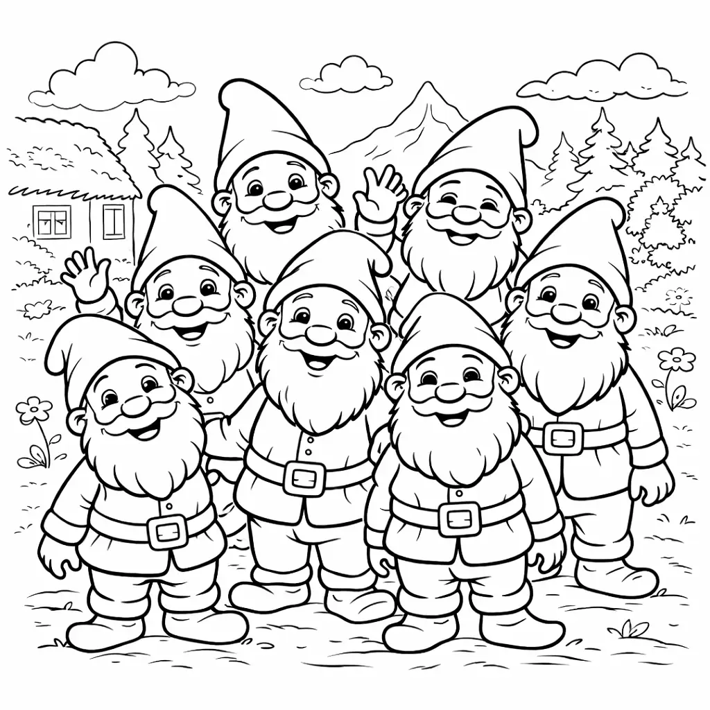 דף צביעה של שבעת הגמדים משלגייה להדפסה