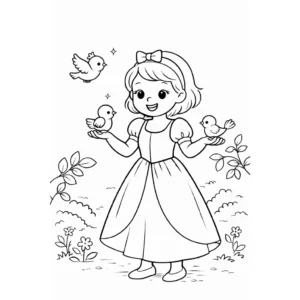 דף צביעה של שלגייה עם ציפורים להדפסה