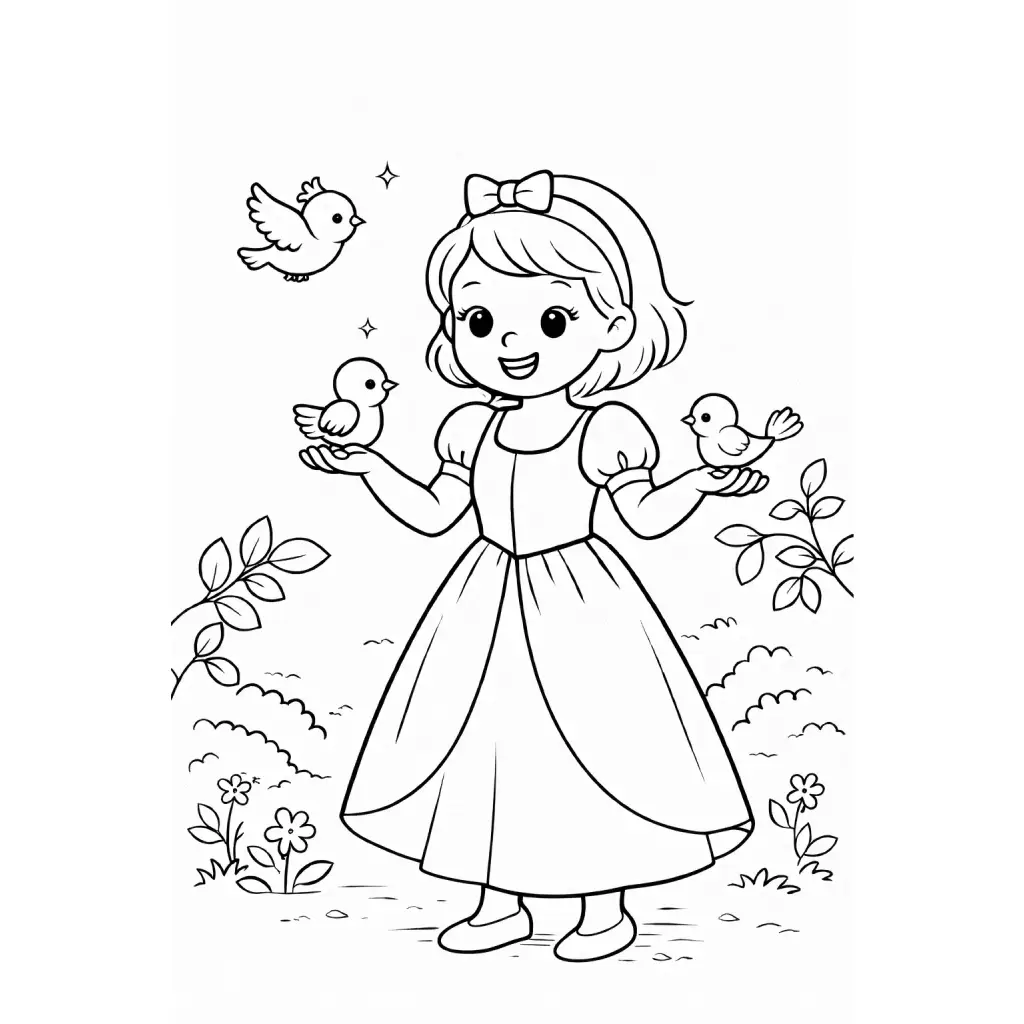 דף צביעה של שלגייה עם ציפורים להדפסה