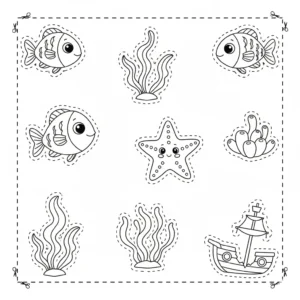 דף יצירה של דגים לגזירה והדבקה באקווריום להדפסה