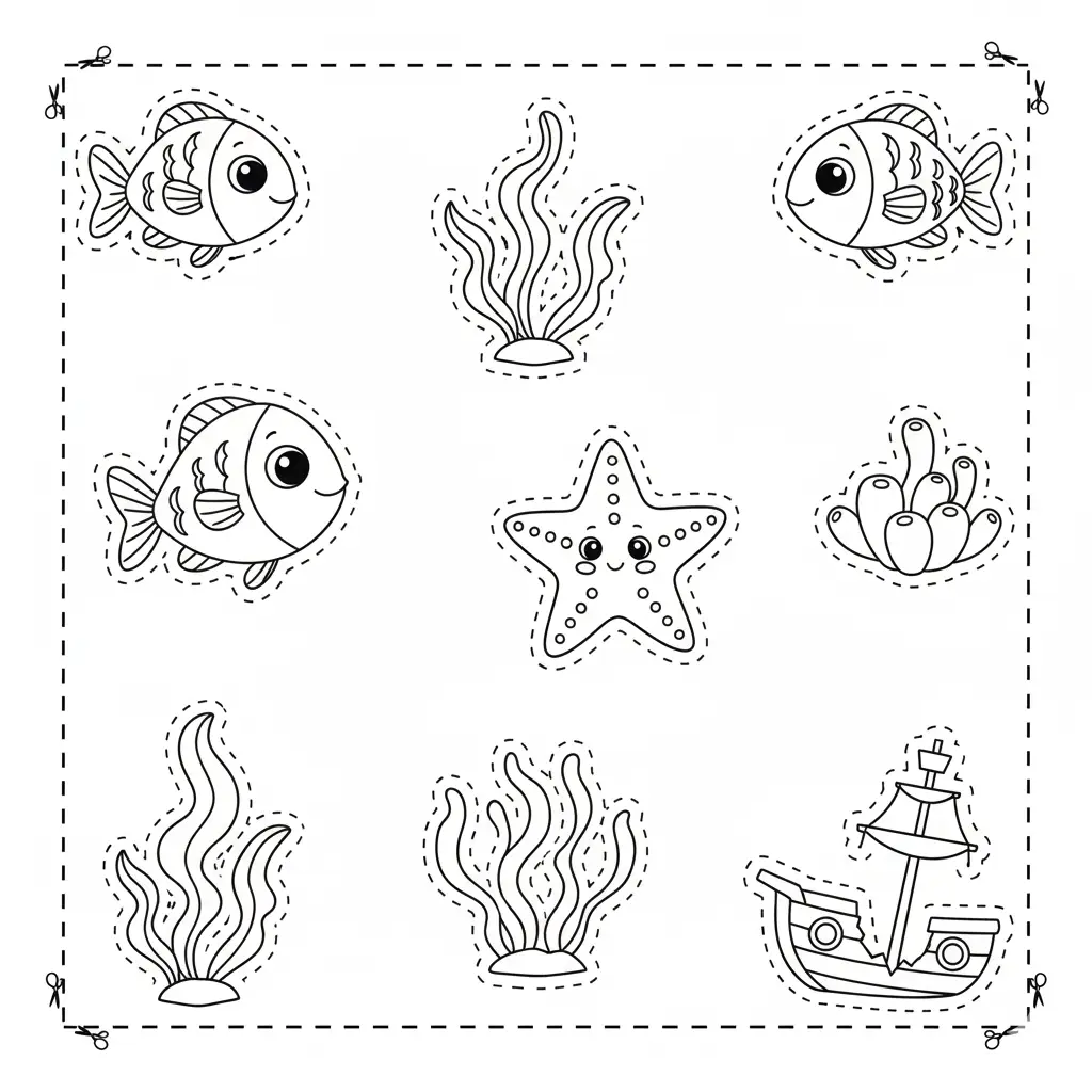 דף יצירה של דגים לגזירה והדבקה באקווריום להדפסה