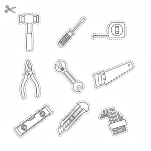 דף יצירה של כלי עבודה לגזירה והדבקה בארגז להדפסה