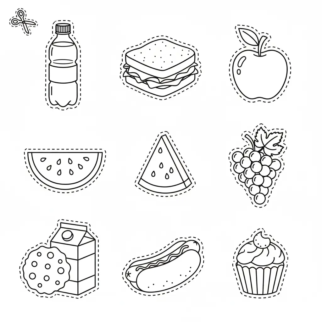 דף יצירה של מאכלים לגזירה והדבקה בסל להדפסה