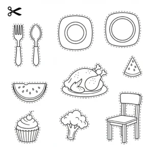 דף יצירה של מאכלים לגזירה והדבקה בשולחן להדפסה