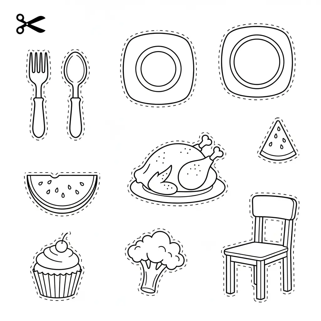 דף יצירה של מאכלים לגזירה והדבקה בשולחן להדפסה