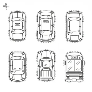 דף יצירה של מכוניות לגזירה והדבקה בכביש להדפסה