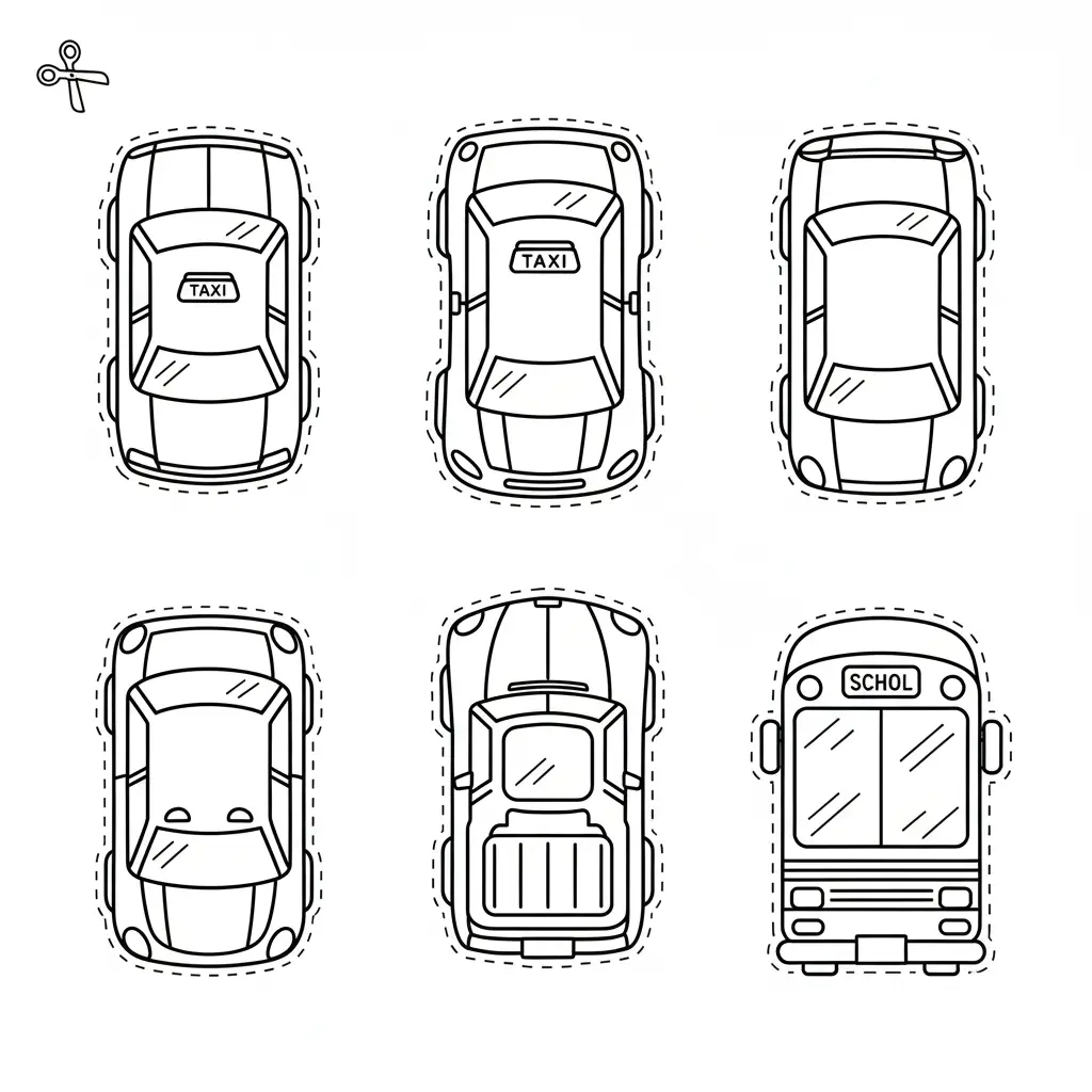 דף יצירה של מכוניות לגזירה והדבקה בכביש להדפסה