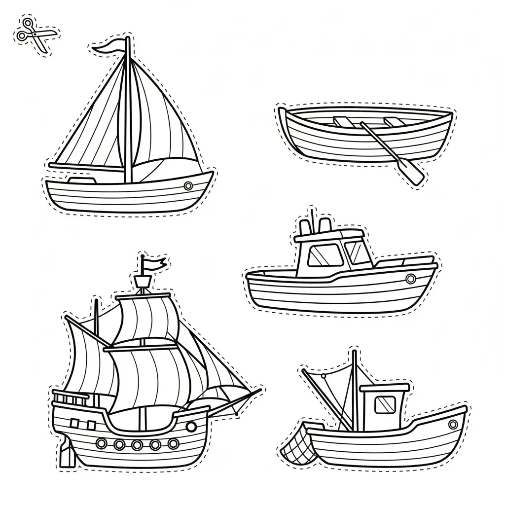 דף יצירה של סירות לגזירה והדבקה בים להדפסה