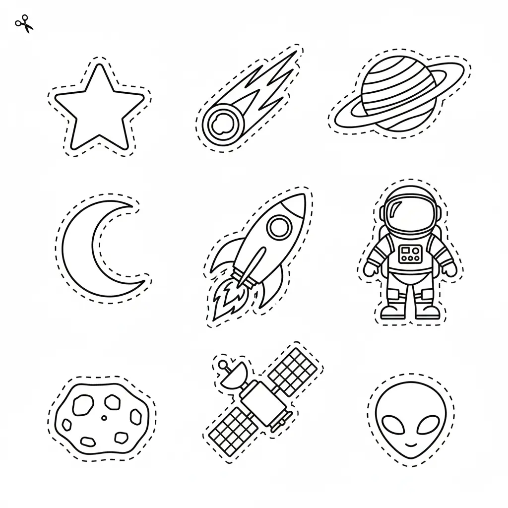 דף יצירה של פרטי חלל לגזירה והדבקה בחללית להדפסה