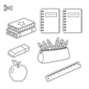 דף יצירה של ציוד לגזירה והדבקה בתיק להדפסה