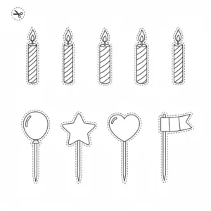 דף יצירה של קישוטים לגזירה והדבקה בעוגה להדפסה