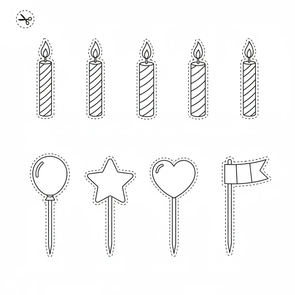 דף יצירה של קישוטים לגזירה והדבקה בעוגה להדפסה