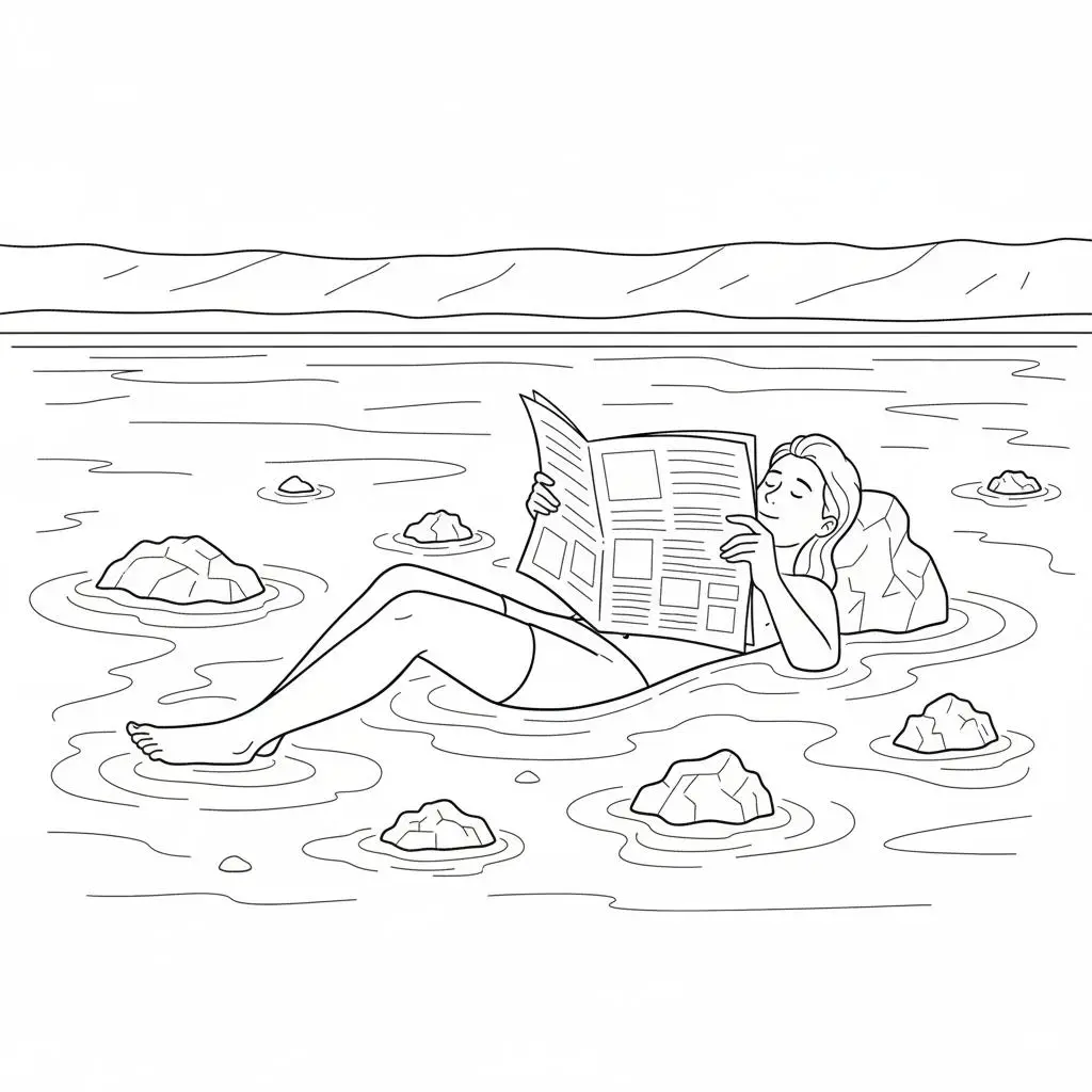 דף צביעה של אדם צף בים המלח להדפסה