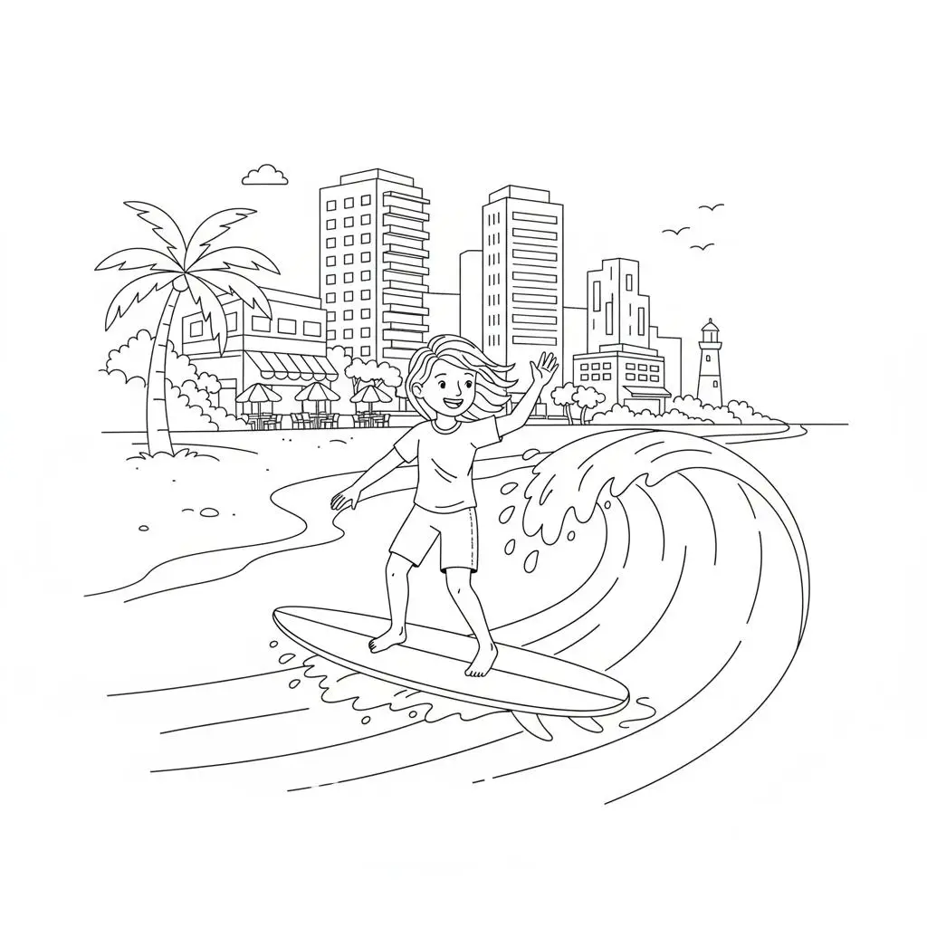 דף צביעה של גולש בחוף תל אביב להדפסה