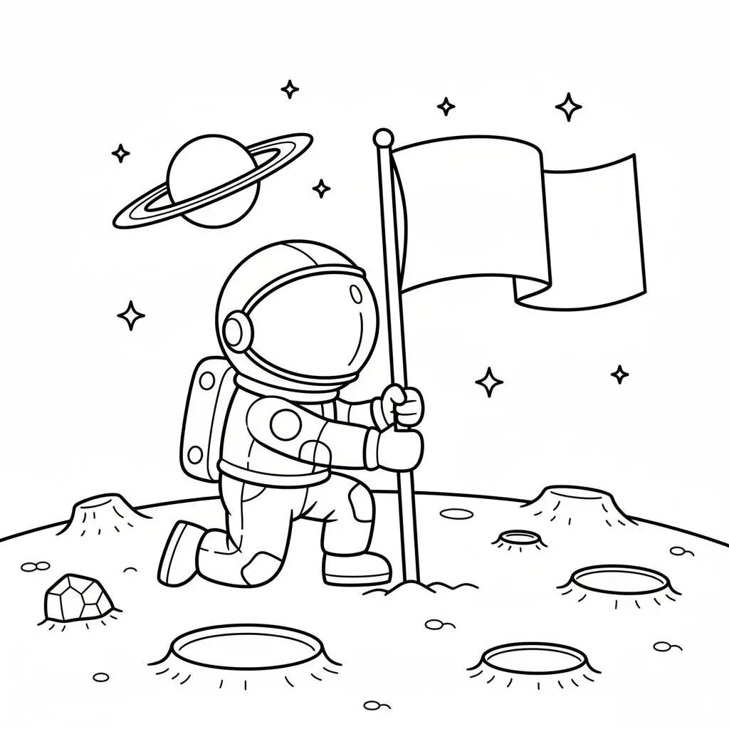 דף צביעה של דגל על הירח להדפסה