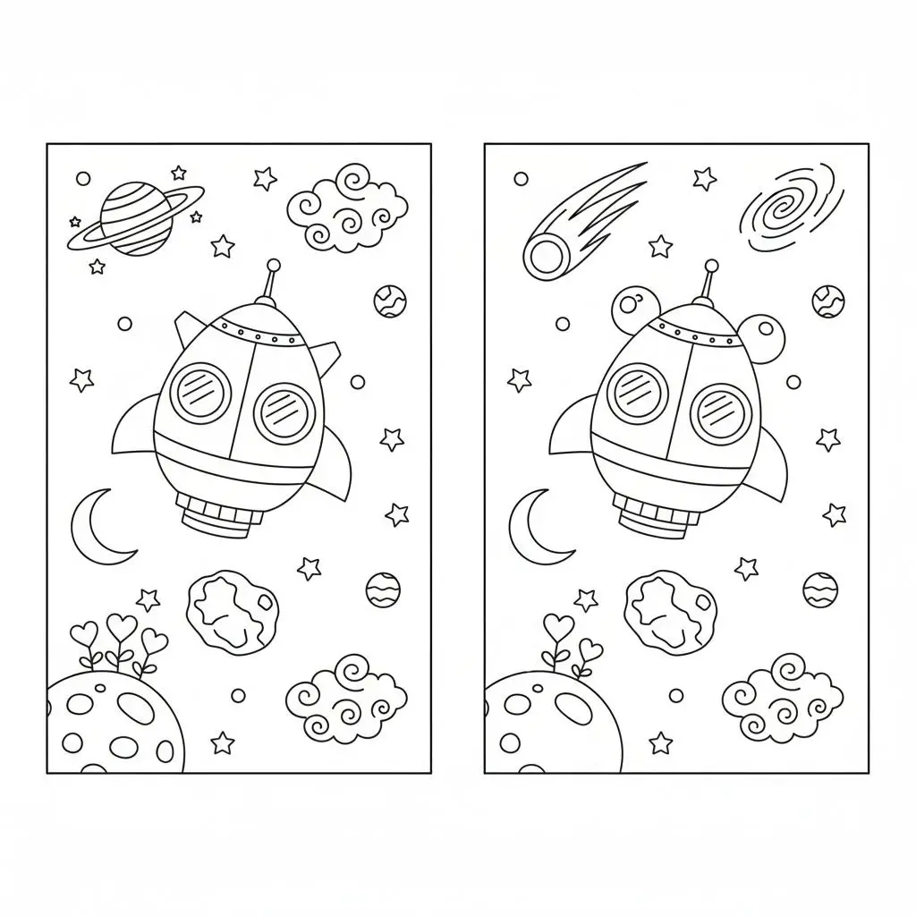 מצא את ההבדלים חללית 5 הבדלים להדפסה