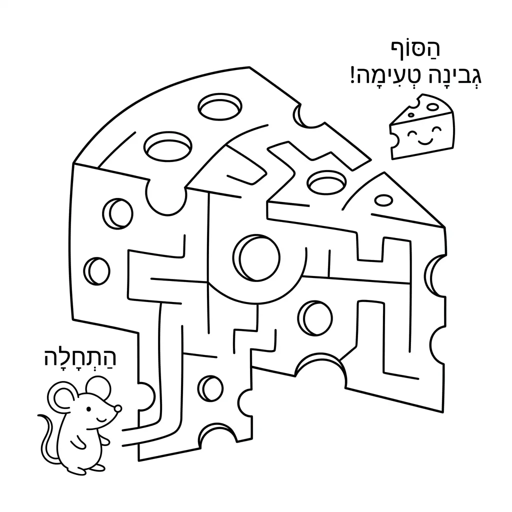 דף צביעה מבוך של גבינה לעכבר להדפסה