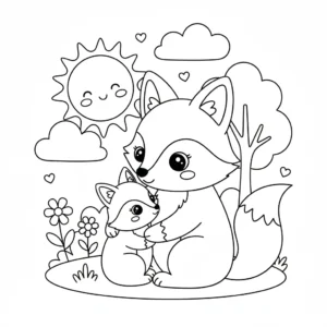 דף צביעה של אמא שועלה וגור שועלים להדפסה