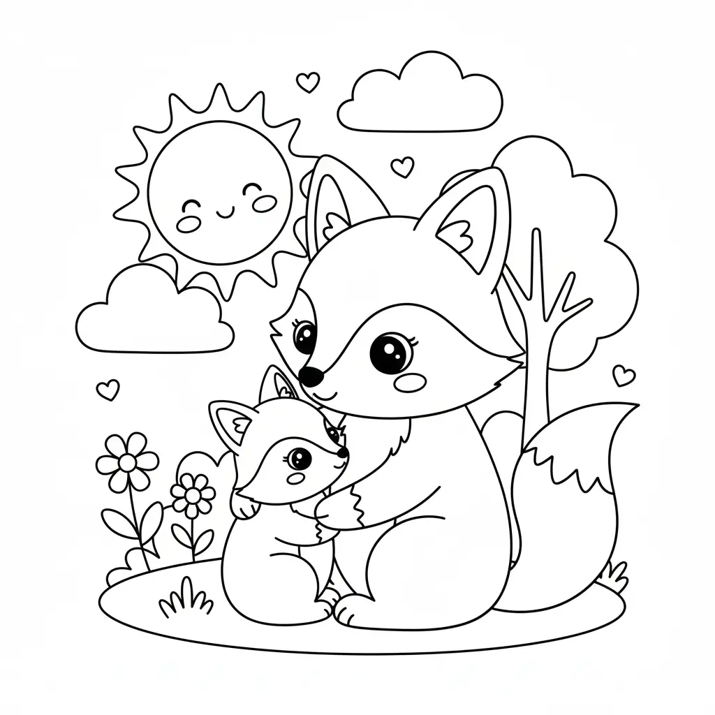 דף צביעה של אמא שועלה וגור שועלים להדפסה