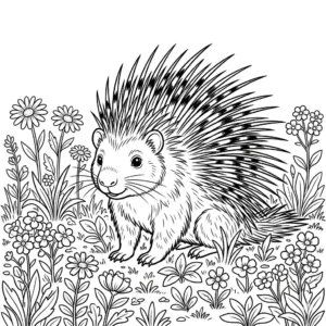 דף צביעה של דרבן בשדה פרחים להדפסה