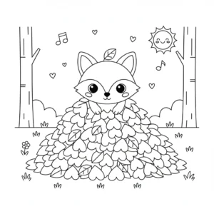 דף צביעה של שועל בערמת עלי שלכת בסתיו להדפסה