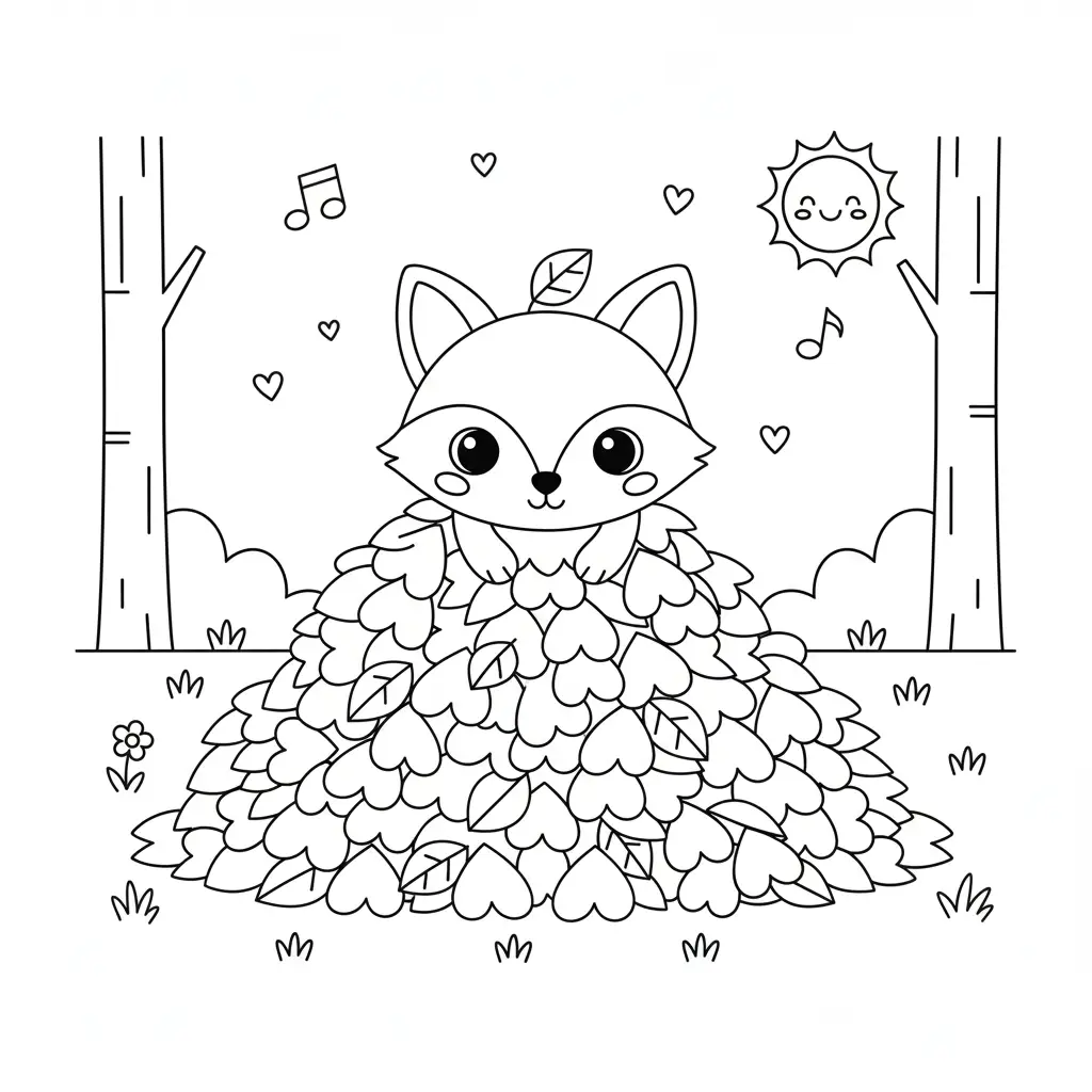 דף צביעה של שועל בערמת עלי שלכת בסתיו להדפסה