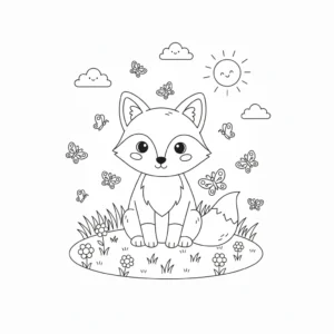 דף צביעה של שועל ופרפרים להדפסה