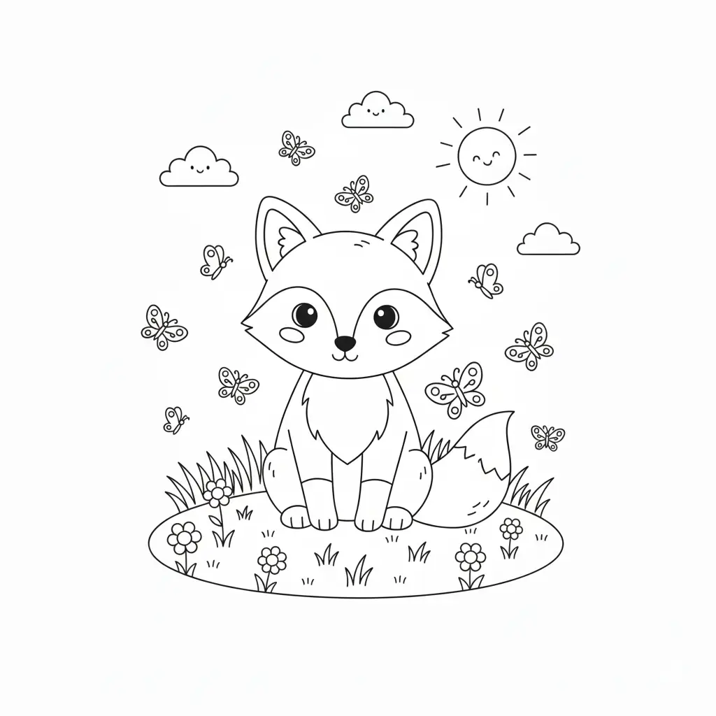 דף צביעה של שועל ופרפרים להדפסה