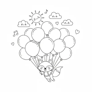 דף צביעה של שועל מעופף עם בלונים להדפסה