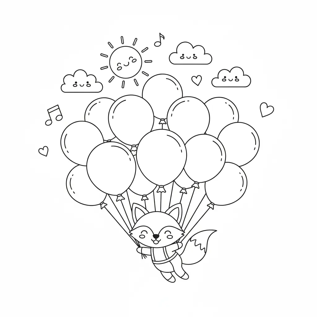 דף צביעה של שועל מעופף עם בלונים להדפסה