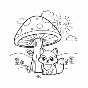 דף צביעה של שועל מתחת לעץ פטריה להדפסה