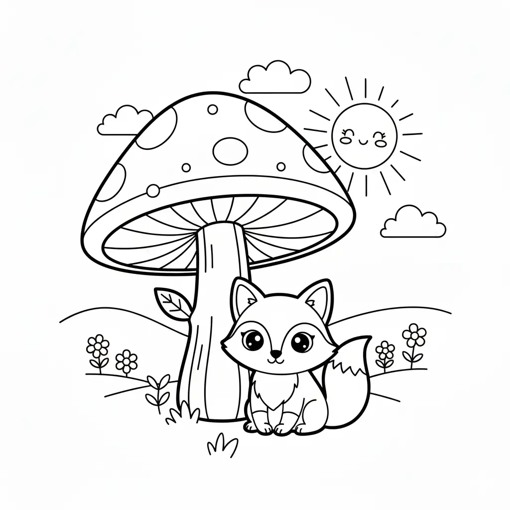דף צביעה של שועל מתחת לעץ פטריה להדפסה