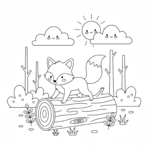 דף צביעה של שועל על גזע עץ בטבע להדפסה