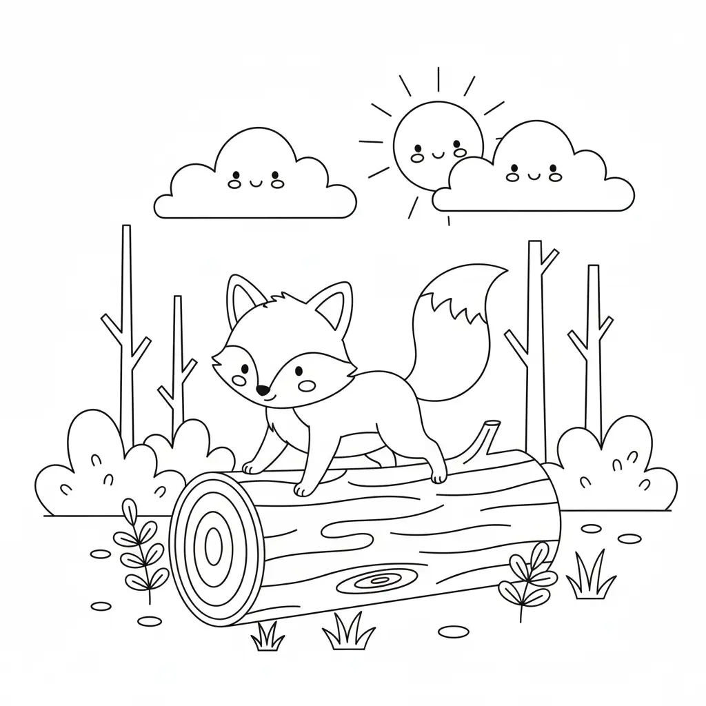 דף צביעה של שועל על גזע עץ בטבע להדפסה