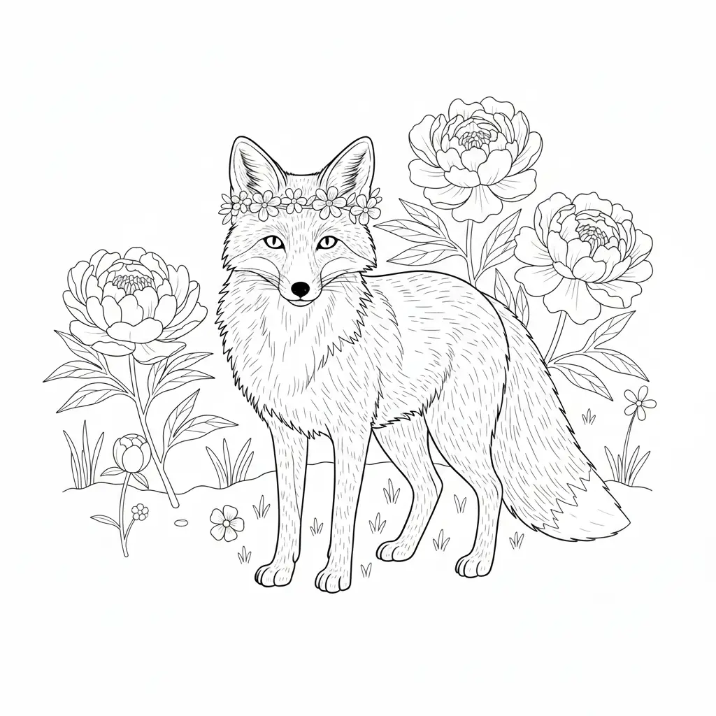 דף צביעה של שועל פרחוני להדפסה