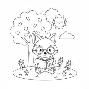 דף צביעה של שועל קורא ספר להדפסה