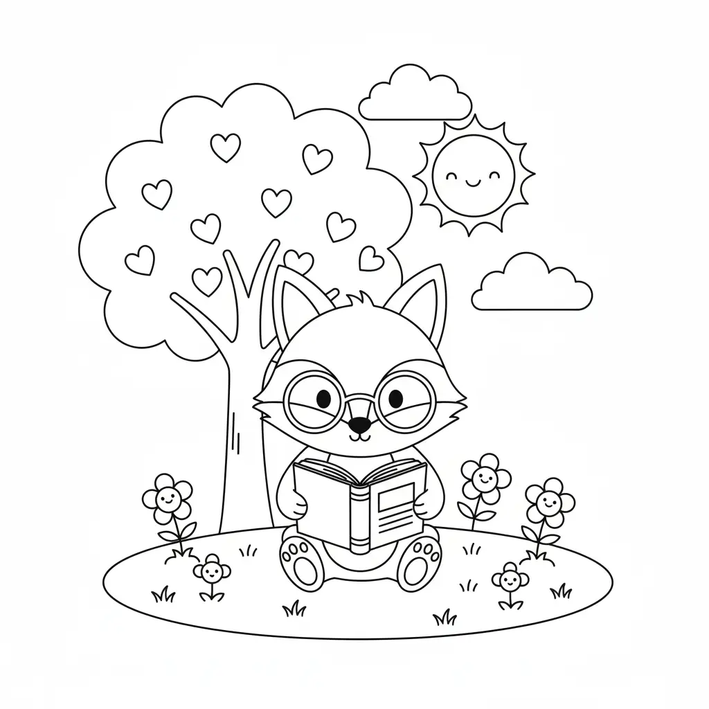 דף צביעה של שועל קורא ספר להדפסה