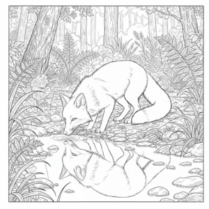 דף צביעה של שועל שותה מים מנחל להדפסה